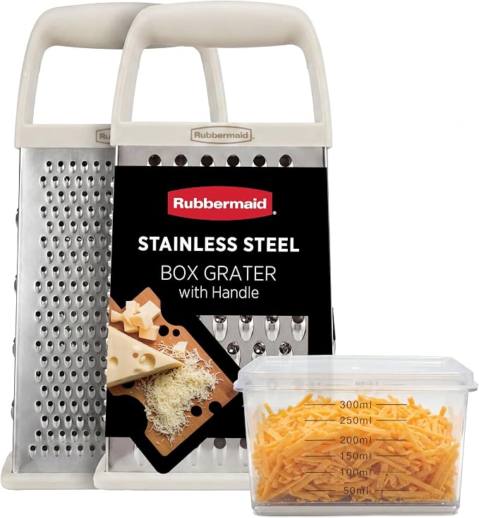 Rubbermaid EZ Grip Box Grater, Stainless Steel Cheese Grater & Container - BPA Free Multi-Surface Cheese Shredder & Food Grater Coconut Milk | Graters for Kitchen -Non-Slip Base, Dishwasher Safe