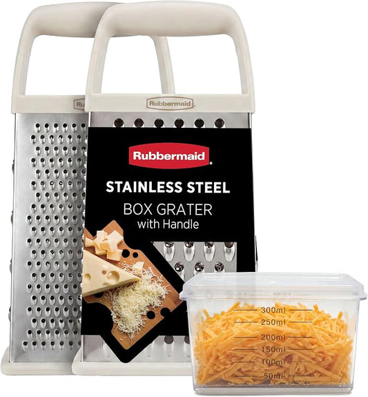 Rubbermaid EZ Grip Box Grater, Stainless Steel Cheese Grater & Container - BPA Free Multi-Surface Cheese Shredder & Food Grater Coconut Milk | Graters for Kitchen -Non-Slip Base, Dishwasher Safe