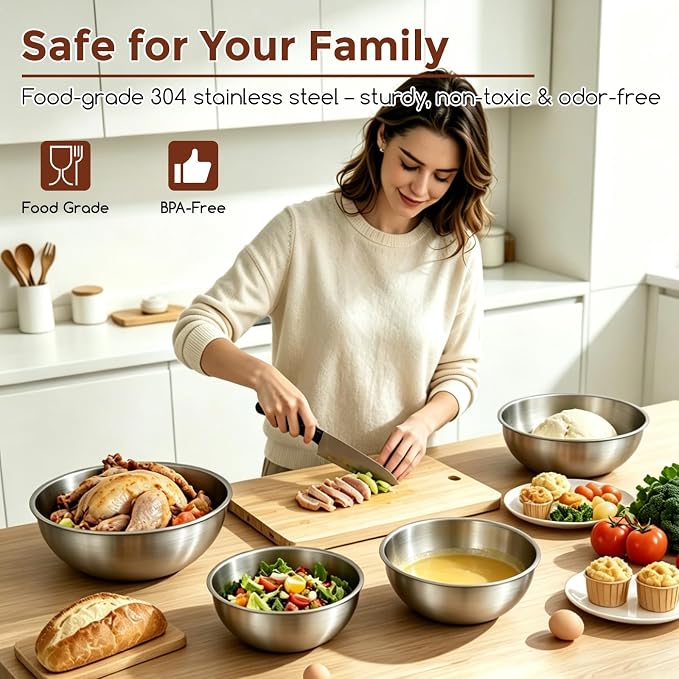 Gronivex Stainless Steel Mixing Bowls Set, 4-Piece (1.5, 2.2, 3.4 & 4.2 Qt) | Food-Grade Metal,Dishwasher Safety,Stackable Nesting & Space-Saving, For home baking, salads, cooking, and RV or grilling use