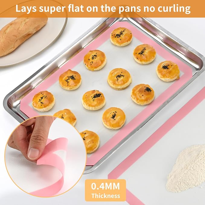 Luckyiren 2 Pack Silicone Baking Sheet Liners, Half Sheet Pan, Pink/White | Two 16.54 x 11.62 in pink silicone baking sheet liners fit half sheet pans; reusable nonstick mats for cookies and pastry.