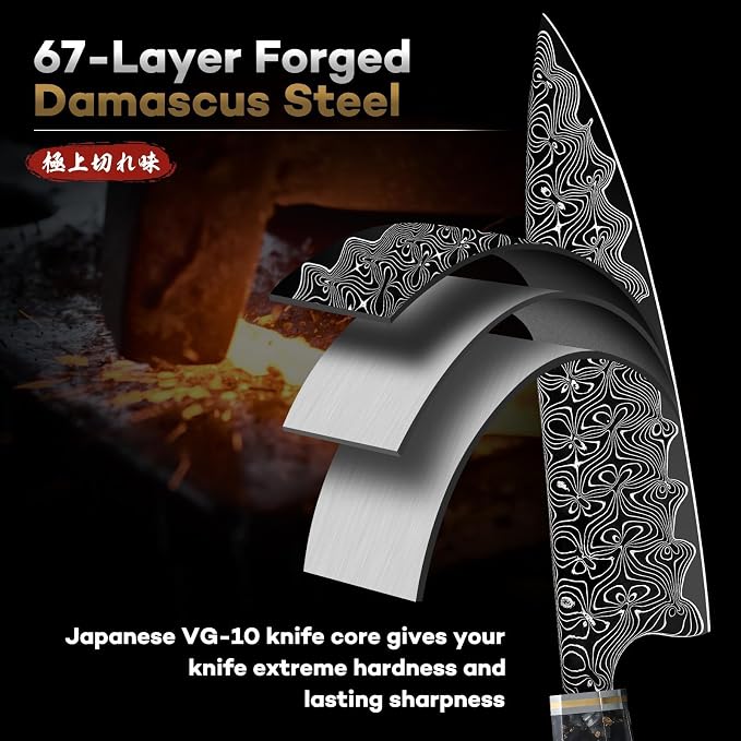 Huusk Damascus Chef Knife 8 Inch, Super Sharp Damascus VG-10 Japanese Kitchen Knife, Professional Cooking Knives with Ergonomic Resin Handle, Ideal Gift for Men and Women
