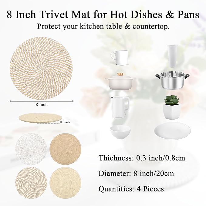 SHACOS 8 Inches Trivets for Hot Dishes, Pot Holders for Hot Pots and Pans, Handmade Cotton Woven Trivets Set, Heat-Resistant Hot Pads Plate Mats for Kitchen Countertops, Table Decor (Khaki, 4pcs)