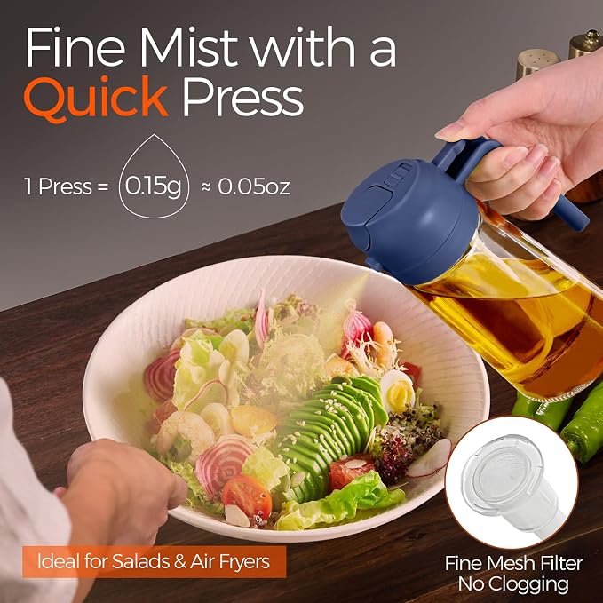 YARRAMATE 16 oz 2-in-1 Glass Olive Oil Sprayer for Cooking, Black&Navy | Food-grade dispenser bottle, 470 ml, spray and pour, portion control, stickers included, for salad, frying and BBQ