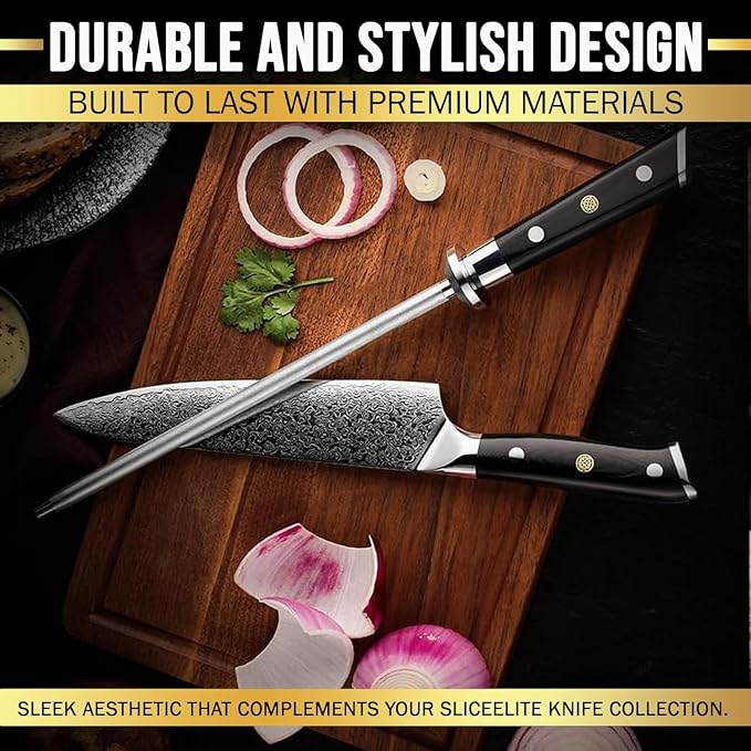 SliceElite Knife Sharpener Rod 10 Inch Sharpening Steel G10 Handle Diamond Coated Honing Rod Knife Steel Sharpener Chef Kitchen Knives Tool Honer Sharpener Japanese Style Utility