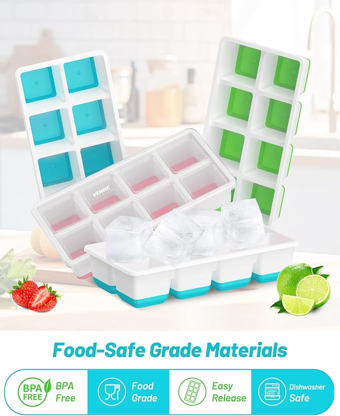 VEHHE Large Square Ice Cube Trays, 3 Pack Easy to Clean Ice Molds with Lid, Easy Release and Flexible Silicone 24-Ice Cube Molds, Mixed Colours