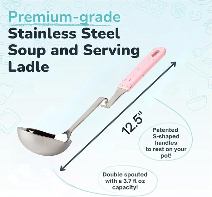Souper Cubes + Lori Greiner No Mess Stainless Steel Soup Ladle with Silicone Handle - Metal Soup Ladle with No Mess Design That Hooks on Side of Any Pot - Cotton Candy