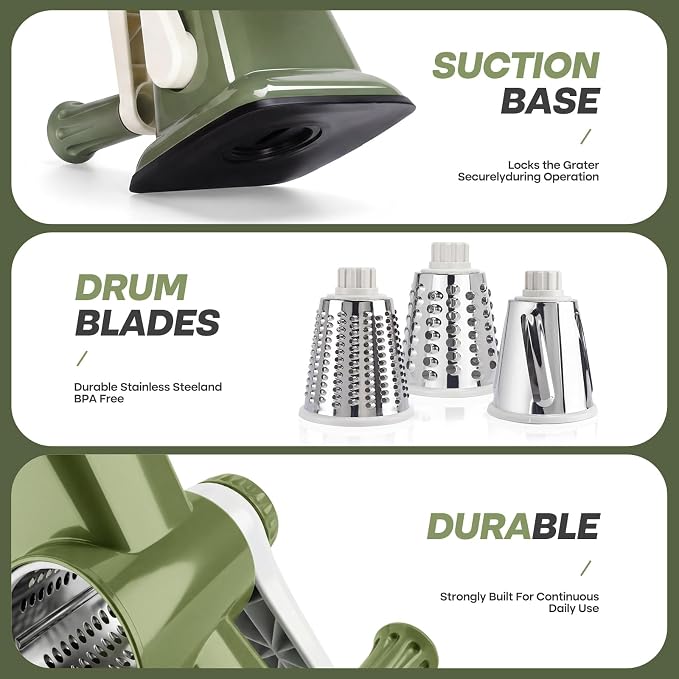 Rotary Cheese Grater,Cheese Shredder Hand Crank, Manual Cheese Grater for Veggies, 3-Blade Grater, Home Kitchen Appliances and Kitchen Gadgets (Green)