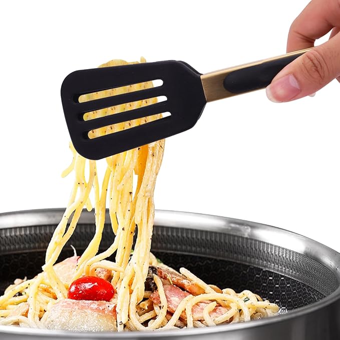 2-Piece Kitchen Spatula Tongs Food Serving Tongs 9" and 12" Cooking with BPA Free Silicone Tips, Toaster Steak Pie Pizza Pasta Spaghetti Noodles Salad Grill BBQ Buffet Clamp Serving Tools(Gold)