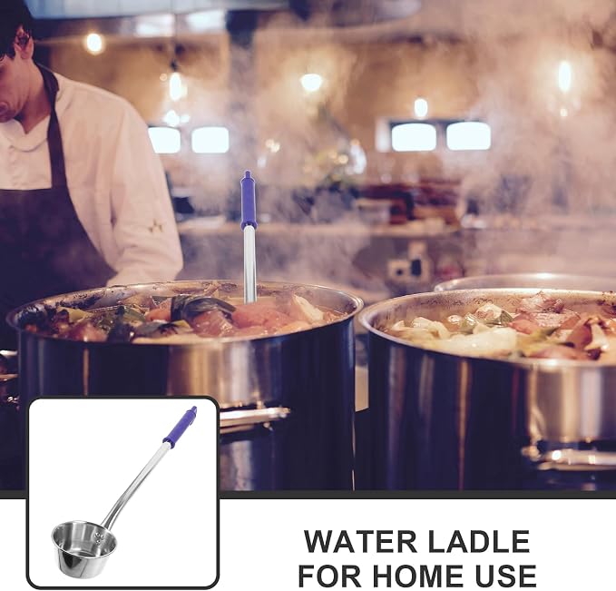 MAGICLULU 15 Inch Long Handle Water Scoop, Stainless Steel Metal Ladle with Blue Grip for Kitchen Cooking, Deep Pot Soup Spoon, Versatile Canning Dipper, Hangable Home Garden Cooking Utensil