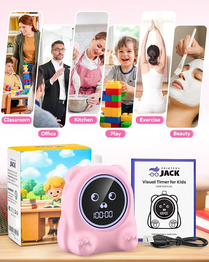 Visual Timer for Kids, 100 Min Digital Timer with Paused, Rechargeable Countdown/Up Timers, 3 Alarm, Silent, Vibrate & Sound Mod, Productivity Timers for ADHD, Classroom, Teacher, Exercise, Study
