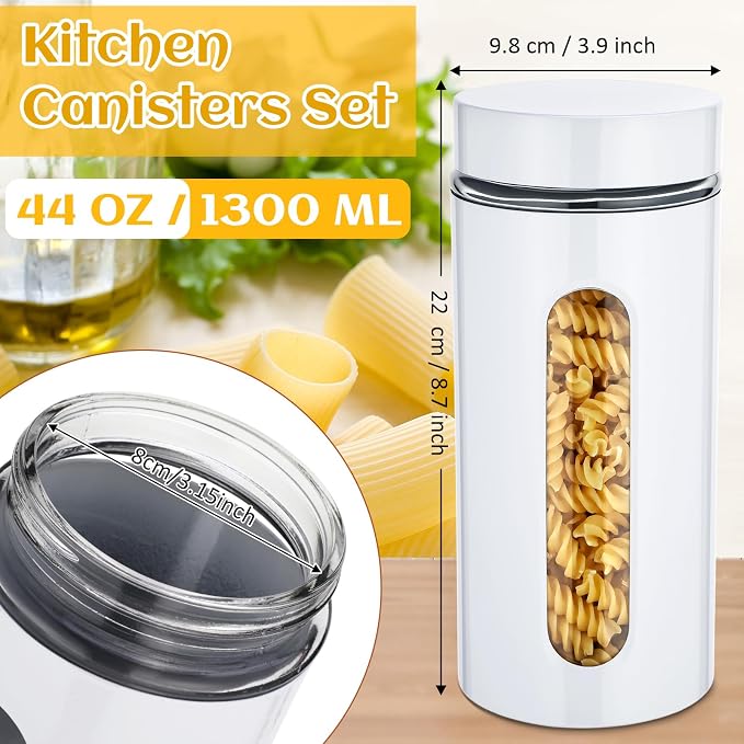 6 Pack Kitchen Canisters Set Airtight Coffee Sugar Tea Storage Jars with Window Glass Stainless Steel Containers with Lids for Flour Cookies Spices Grains Kitchen Decorations(White,44 oz)