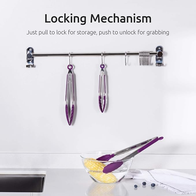 Kitchen Tongs, U-Taste 7/9/12 inches Cooking Tongs, with 600ºF High Heat-Resistant Non-Stick Silicone Tips, 18/8 Stainless Steel Handle, for Food Grill, Salad, BBQ, Frying, Serving, Pack of 3(Purple)