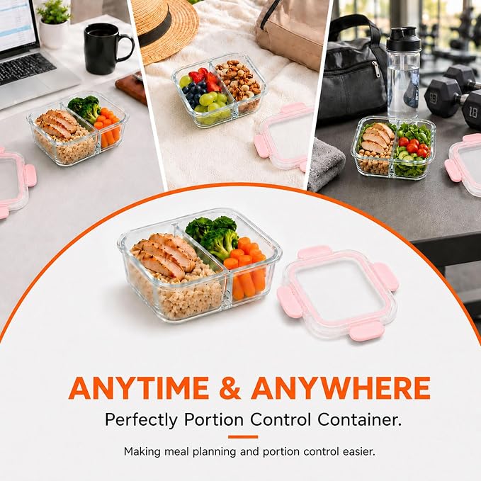 3 Pack Bariatric Meal Prep Containers, 8oz Glass Snack Containers | Glass Bariatric Portion Control Containers with Two 4 oz Compartments, Reusable Lunch Box Bento Box with Lids,Pink