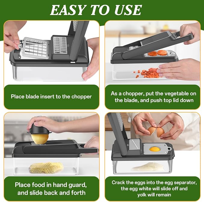 HomeHacks Vegetable Chopper Vegetable Cutter, 12 in 1 Kitchen Gadget, Dicer, Slicer, Onion Cutter, Salad, Cheese Grater & Egg Separator - Multi-Functional Veggie Chopper Lid with Handle (Grey)