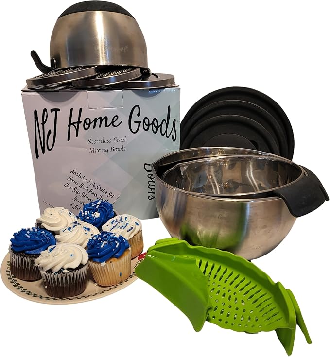 Homeware Stainless Steel Mixing Bowl With Lids Set Handles for Holidays: Gift Set For Kitchen With Pour Spout Non Slip Silicone Base On Bowls Strainer Graters For Kitchen