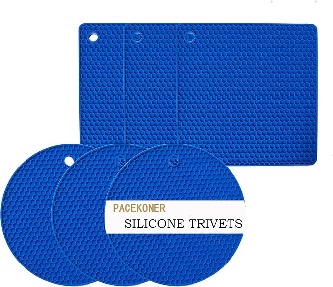 6-Pack Silicone Trivet Mats, Heat Resistant Hot Pads, Dishwasher Safe Kitchen Mats, BPA-Free Pot Holders for Table, Countertop, Stove, Honeycomb Design (Dark Blue, 7” Square/Round)