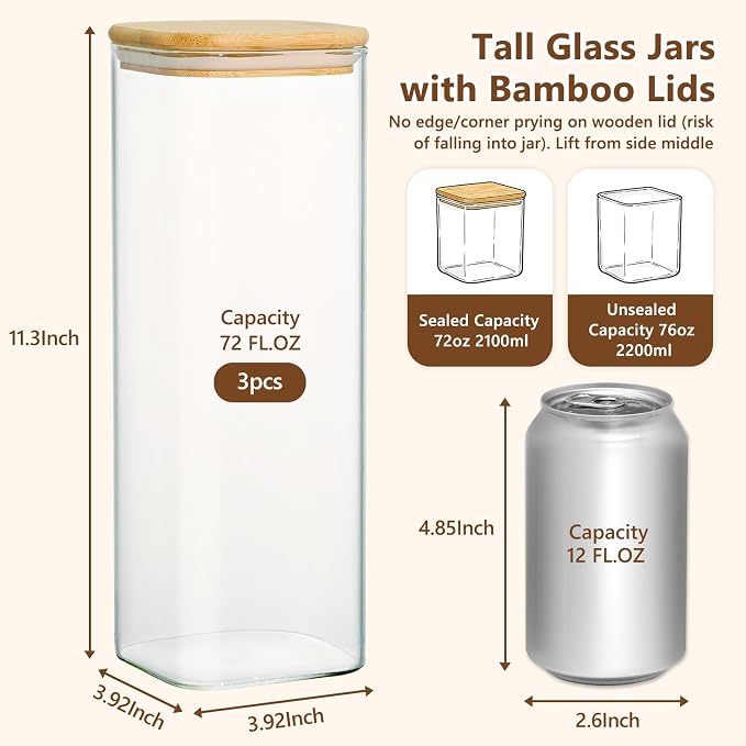 KEYWING 72oz Glass Spaghetti Pasta Storage Containers with Lids, 3 Pack | Tall Square Glass Canisters for Pantry Organization, Ideal for Flour, Cereal, Sugar, Beans and Various Dry Food Ingredients
