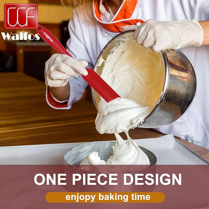 Walfos Silicone Jar Spatula - 600ºF Heat Resistant Kitchen Spatulas(2pcs), Strong Steel Core & One-Pieces Design,Mixing Batter & Cake Cream Spatulas, for Cooking & BPA Free & Dishwasher Safe, Red
