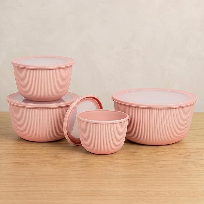 BoxedHome 4.97 Quarts Mixing Bowls with Lids Set, 4 Packs BPA-Free Plastic Prep Bowls for Kitchen, Dishwasher & Microwave Safe, Pink