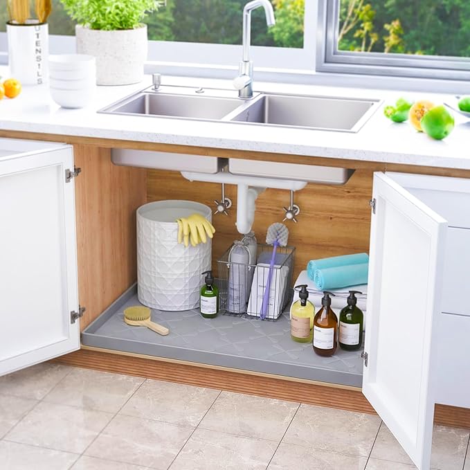 Waterproof Under Sink Mat Silicone 28" x 22" Kitchen Cabinet liner | BPA-Free Silicone Mat with Raised Lip Protects Cabinets from Leaks, Versatile Home Organizer for Bathroom, Pets, Boots, Floor