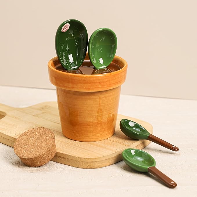 Sizikato 4pcs Porcelain Measuring Spoons with Base, Cute Cactus Shape