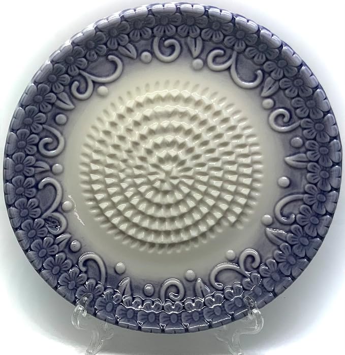 BonCera, All-in-one Premium Ceramic Garlic Grater Plate 4-Piece Set - Purple Embossed Design and Style - For Garlic, Ginger, Chocolate, and more! - Comes with 5.25" Plate, Peeler, Brush, and Stand