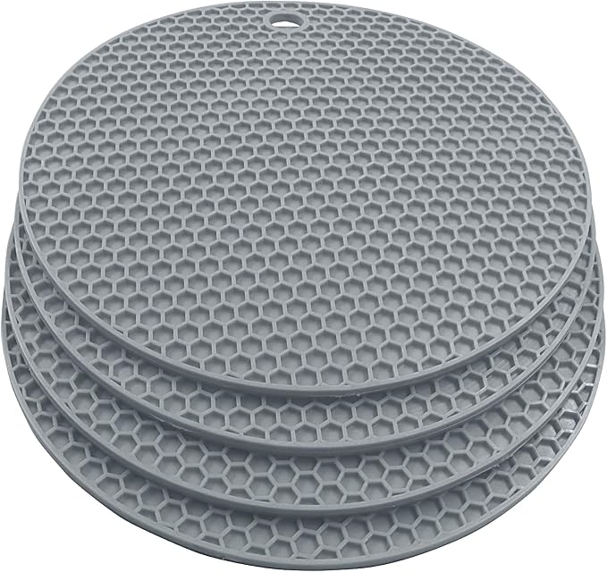 4 Pack Round Silicone Trivet Mats, Gray | Heat Resistant, For Pots, Bowls, and Countertops
