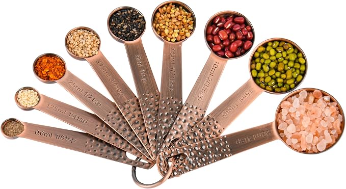 Copper Measuring Spoons Set, Stainless Steel Measuring Spoon Set 9 & Leveler, Metal Measuring Spoons for Baking & Kitchen, Metric & US Measure Spoons with 1/8tsp, 3/4tsp, 4 tsp & 2/3 tbsp
