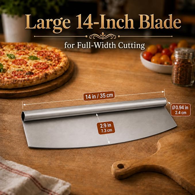 HUJI 14-Inch Premium Pizza Cutter Rocker Style - Heavy-Duty Stainless Steel Blade - Non-Stick, Slicing Tool for Pizzerias and Gourmet Home Cooking