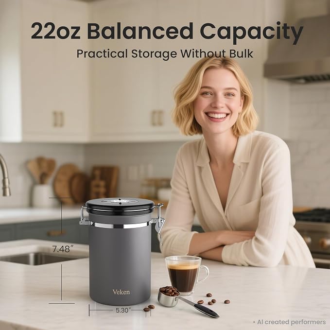 Veken Coffee Canister, Airtight Stainless Steel Food Storage Container,22OZ | Date Tracker, Kitchen Jars for Beans,Ground, Espresso, Rice,Tea, Sugar,Cereal,Cookie, Bar Accessories,Gifts, Lids, Scoop,Gray