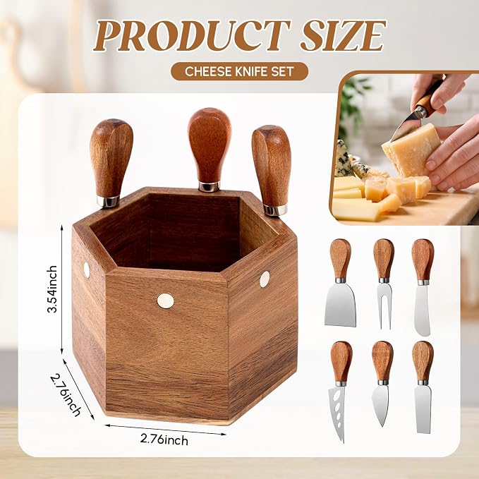 Hushee 6 Pcs Cheese Knives with Holder Charcuterie Serving Knife Set with Magnetic Wooden Box Mini Steel Stainless Cheese Knife Spreader Slicer Fork Set for Charcuterie Board