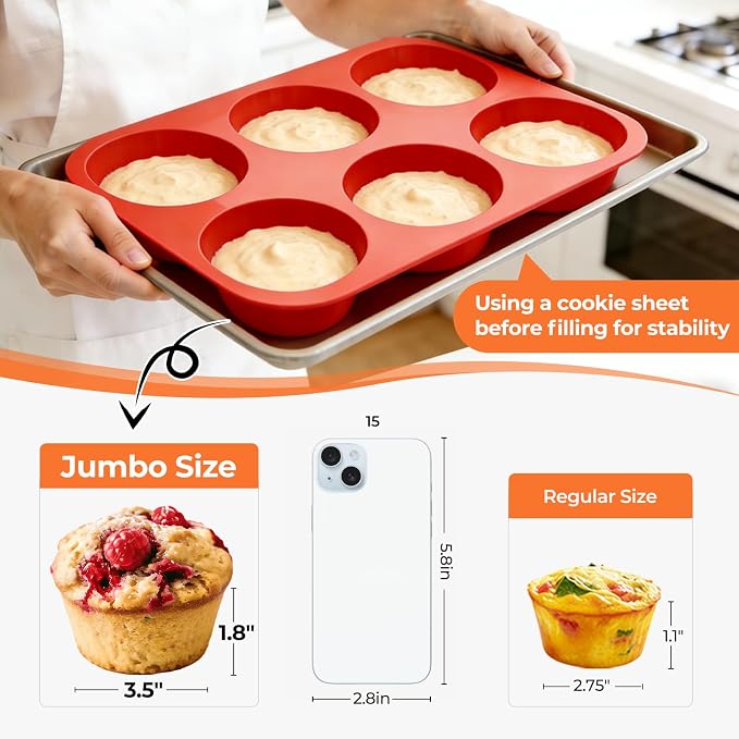 CAKETIME Silicone Jumbo Muffin Pan, 3.5 Inch Silicone Texas Muffin Pan 6 Cup Large Cupcake Pan Nonstick BPA Free Silicone Molds 2 Pack Red