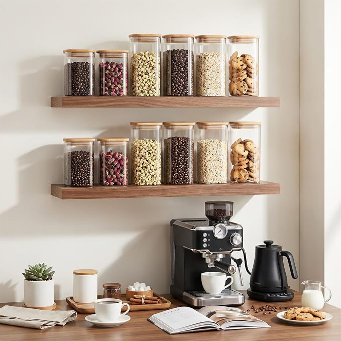 4-Pack 1.2Qt Square Glass Storage Jars with Bamboo Lids | Minimalist Kitchen Organizer,Pantry Storage Container,Food Storage Container,Scandinavian Style Storage,Nordic Style Storage