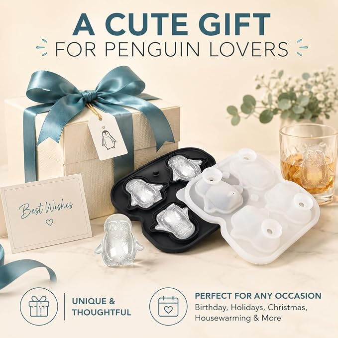 Penguin Ice Cube Tray Mold - Cute Fun Whiskey Ice Molds Gifts for Women Men | 3D Penguin Shape Cute Ice Molds for Whiskey Bourbon, 4-Hole Large Fun Shapes Funny Gifts, for Animals Lovers Women Men