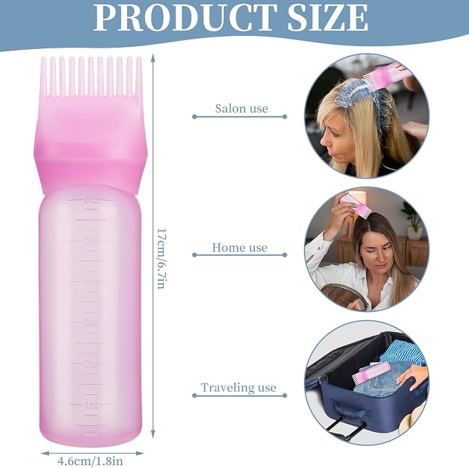 Pimoys 6Oz Root Comb Hair Dye Oil Applicator Bottles for Scalp, Pink | Plastic Squeeze Bottle Dispenser with Graduated Scale, Comb Tip Applicator For Hair Coloring Scalp Oiling, Home Salon Use