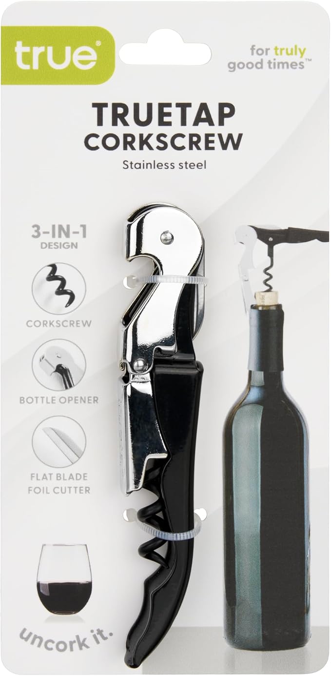 True Truetap Double Hinged Waiter's Corkscrew Wine Opener, Stainless Steel Wine Bottle Opener with Built In Foil Cutter, Home Bar Tools, Bar Cart Accessories, Wedding Gifts, Set of 1, Black Silver