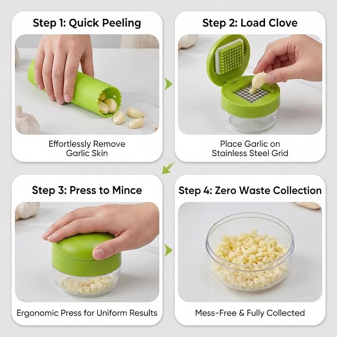 3-in-1 Garlic Press Set, Stainless Steel Garlic Mincer with Silicone Peeler and Brush, Efficient Garlic Crusher Chopper for Kitchen, Ginger, Vegetables (Green)