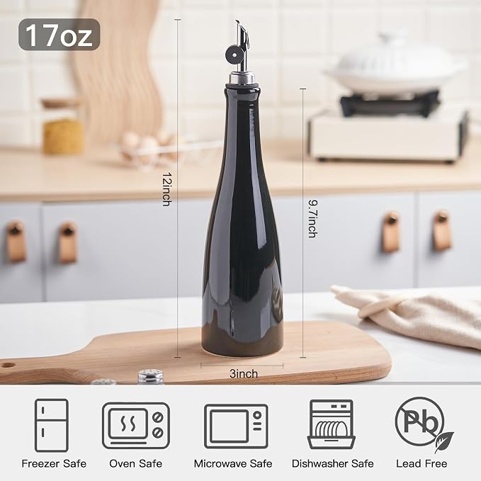 YOLIFE Olive Oil Dispenser Bottle, 17oz/500ml Ceramic Oil Bottle (Black) | Oil Dispenser with Gravity Spout, Leak Proof EVOO Dispensing Bottle with 2 Spouts and 1 Funnel for Vinegar, Kitchen