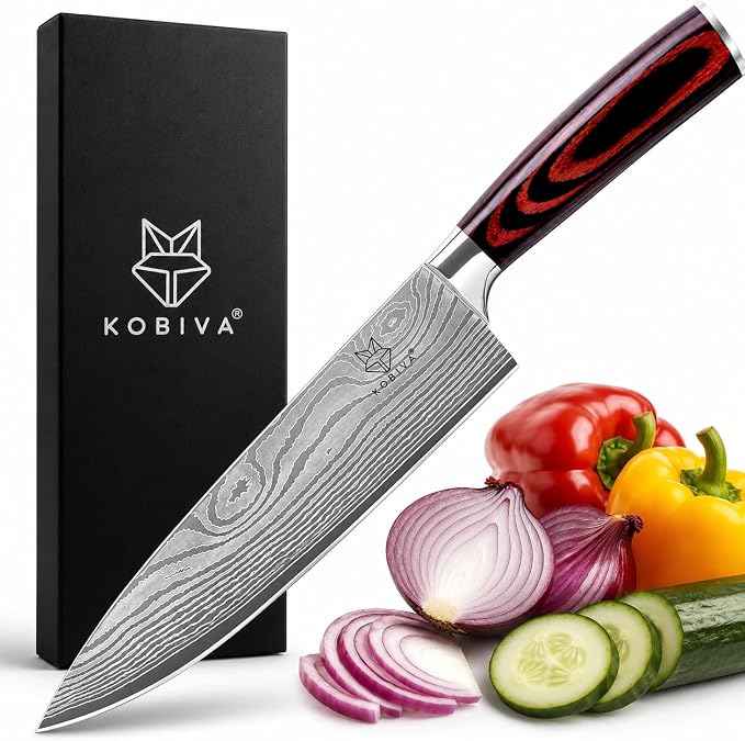 8in Japanese Chef Knife, High Carbon Stainless Steel Kitchen Knife | Razor-sharp Damascus blade for meat, vegetables & garnishes. Ergonomic grip. Professional quality for home cooks.