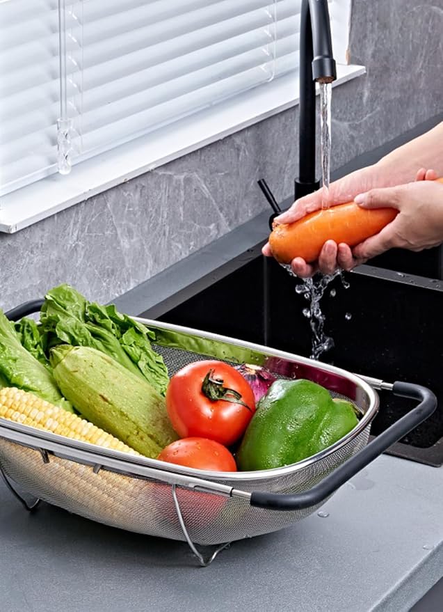 Fine Mesh Colander Over The Sink 6 Quart Stainless Steel Strainer Basket | Expandable Rubber Grip Handles - Strain, Drain, Rinse Fruits, Vegetables
