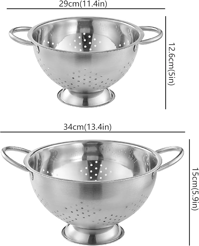 2 Pack Stainless Steel Colander Set with Handles - Heavy-Duty Nesting Strainers (5 Qt, 1 Qt) for Pasta, Rice, Vegetables, Rust-Proof Kitchen Drainer Bowls