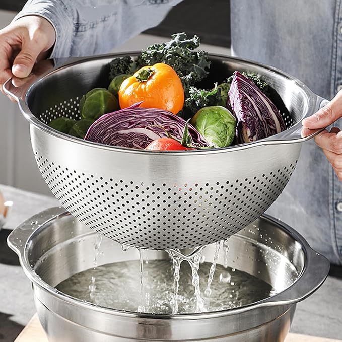 3 Pcs Stainless Steel Colander Strainer Set Metal Colander for Kitchen Pasta Strainer for Rice Food Fruits Spaghetti Vegetables (2QT, 3QT, 5QT)