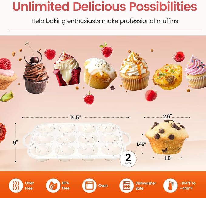 Silicone Muffin Pan with Metal Reinforced Frame - Muffin Pan for Homemade Muffins, Cupcakes, Muffin Cakes, and Bread, Oven and Dishwasher Safe (12 Cups×2pack)