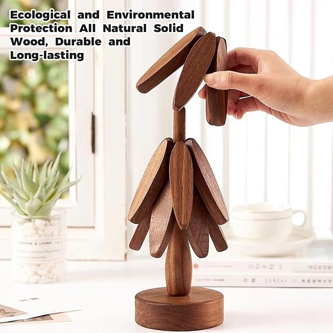 Wooden Tree Coasters, Trivets for Hot Dishes, Trivets for Hot Pots and Pans, Wooden Tree Trivet Set - 3 or 4 Wooden Trivet + 1 Stand, Christmas Coasters (Walnut,4pcs-A)