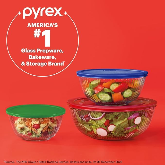 Pyrex Sculpted (3-Pack) Glass Mixing Bowls Set With Plastic Lids