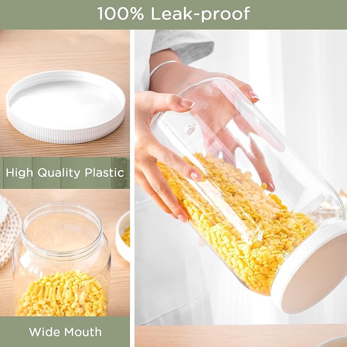8 Pcs 1 Gallon Clear Plastic Jars Airtight Pantry Large Mouth Jars Plastic Jug Cylinder Containers with Lids for Candy Butter Honey Sugar Cookies Arts Crafts Bartender Kitchen(White Lids)