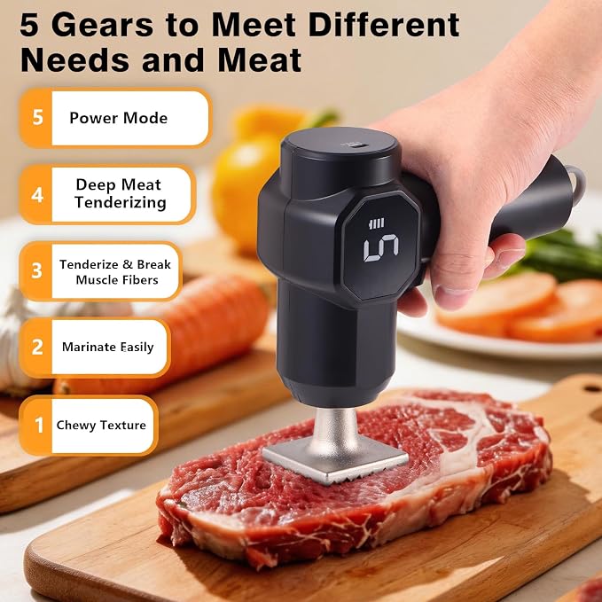 Electric Meat Tenderizer Tool, Meat Mallet with 5 Adjustable Levels, Stainless Steel Detachable Head, 3000mAh Battery for Beef Steak Pork Chicken Chops Kitchen Utensils, Head Dishwasher Safe