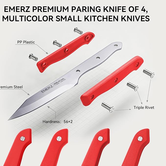 Paring Knife Set of 4, Stainless Steel Paring Knives,3.5inch,Ergonomic PP Triple Rivet Handle,Sharp Small Cutting Knife for Peeling Coring Cutting,Red Pairing Knives for Fruit