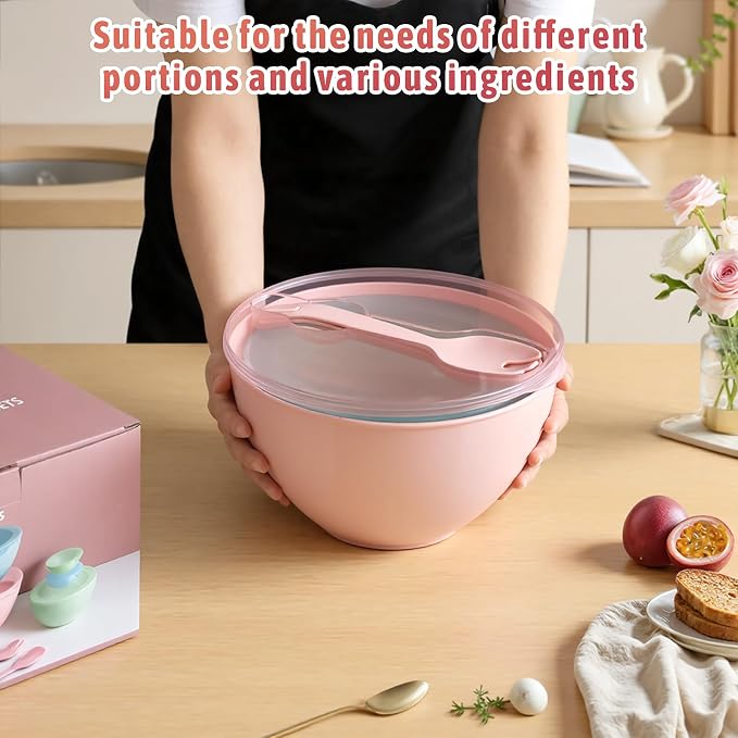 16 Piece Plastic Mixing Bowls with Lids Set includes 8 Prep Bowls & 8 Lids | Nesting Design, 2-in-1 Spoon-Fork, 1.1/2/3.4 /4.8QT, Large Salad Bowl for Preparing, Serving, and Storing, Dishwasher Safe