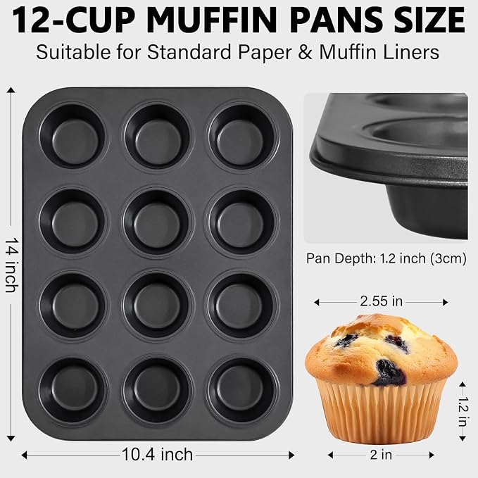 4 Pack Muffin Pan for Baking, Standard Cupcake Pan with 200 Natural Cupcake Liners, Muffin Tin Nonstick 12 Cup, Carbon Steel Muffin Cupcake Tary Baking Supplies